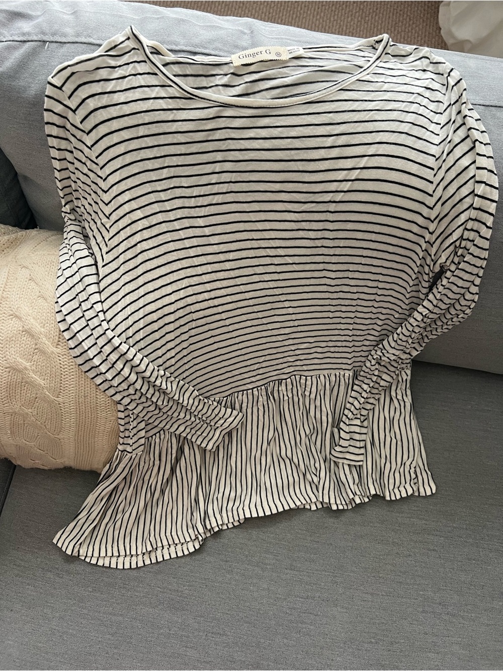 Ginger G Black & White Striped Peplum Long-Sleeve Top